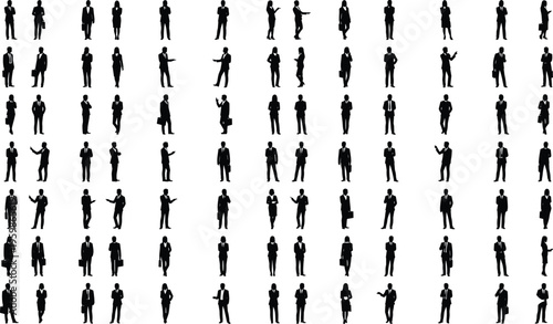 Large collection of business people black silhouettes, men and women in various corporate situations.