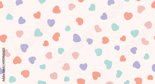 Pastel heart pattern with soft blue purple and pink shapes scattered on light cream background for baby shower nursery decor and feminine branding design