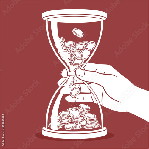 Hourglass with Coins Flowing Instead of Sand Representing Time Value, Financial Urgency and Investment Concept – Vector Illustration