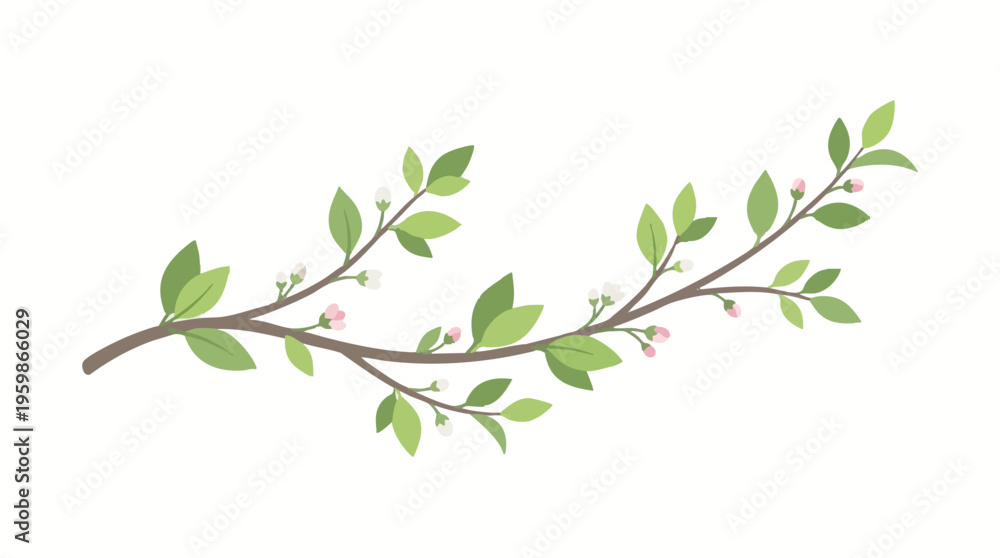 Obraz premium Spring Branch with Fresh Green Leaves and Tiny Delicate Blossoms