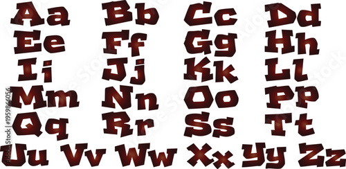Retro Glossy Alphabet Vector in Dark Red and Brown Gradient, Bold Comic Font for Game Interface Design and Vintage Style Lettering Projects