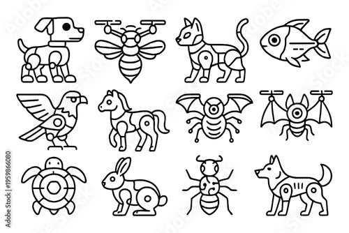 Robot animals collection: line art icons of various robotic creatures