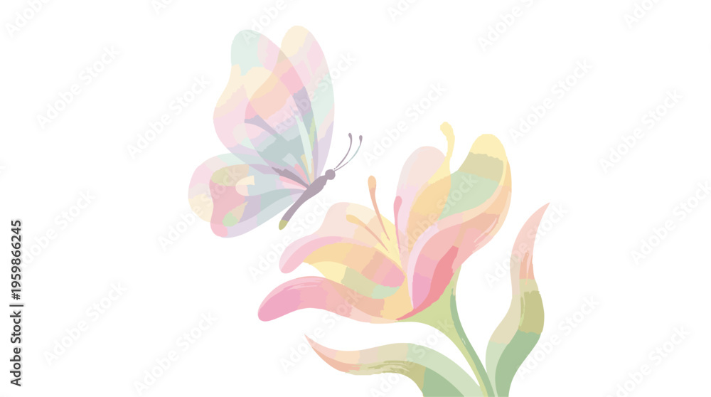 Obraz premium Butterfly Hovering over a Stylized Lily Flower in Soft Pastel Colors