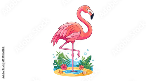 Vibrant Pink Flamingo Standing Tall on One Leg.
