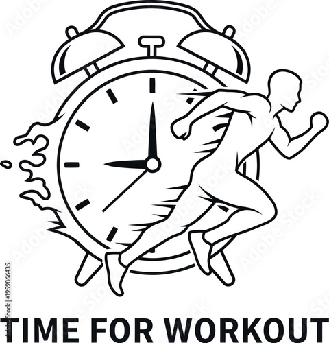 Stylized black and white line art logo depicting a running person bursting from a vintage alarm clock symbolizing urgency for fitness activities.