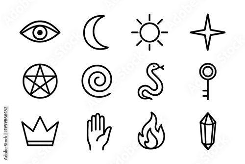 Mystical icon set: eye, moon, sun, star, pentagram, spiral, snake, key, crown, hand, fire, crystal