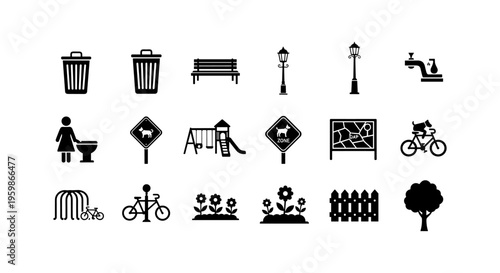 Urban park icons set: playgrounds, signs, and amenities in silhouette style