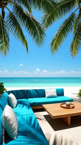 Wallpaper Mural Tropical beach scene with blue couch and wooden coffee table under palm trees on sandy shore with turquoise ocean and clear blue sky Torontodigital.ca