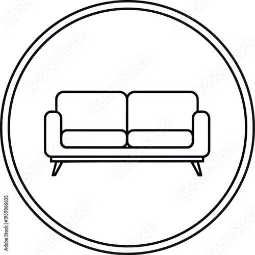 A minimalist line art icon of a modern two-seater sofa with clean lines and simple design, representing comfortable furniture or home decor.