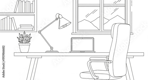 Minimalist Home Office Setup with Desk, Chair, and Bookshelf.