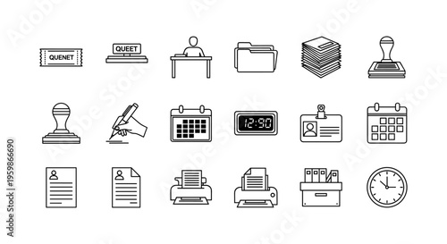 Minimalist office icon set with desk supplies and documents