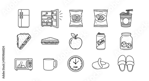 Linear style kitchen and snack icons featuring food and appliances
