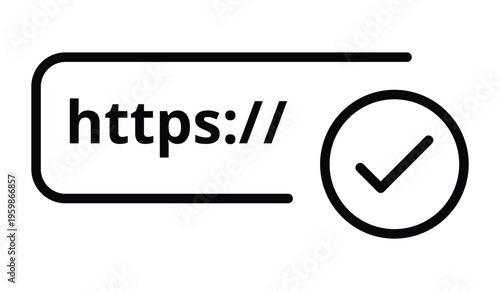 Https secure connection icon, black url bar with check mark badge, website verification symbol, approved link sign for browser ui, ssl security, web authentication interface design vector