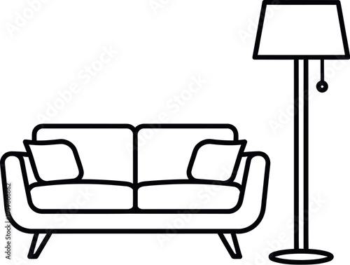A stylized black and white line drawing depicts a two-seater sofa with throw pillows, elegantly placed next to a tall floor lamp, ideal for minimalist interior design projects.