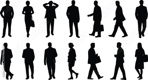 People black silhouette vector set, collection of men and women walking and standing in various postures.