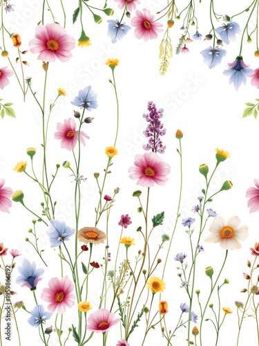 Floral seamless border of seasonal meadow plants.  Vicia field pease wildflowers. Watercolor hand painted isolated element on white background.