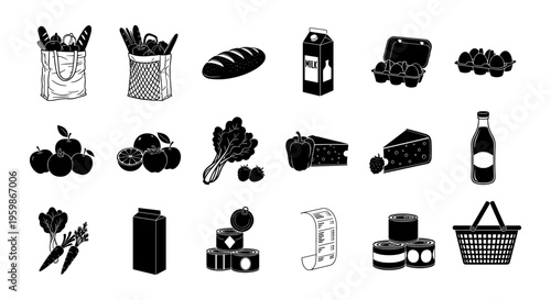 Black and white grocery icon set with food essentials including milk, bread, and vegetables