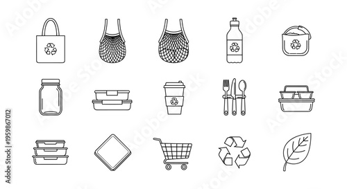Eco-friendly linear icons for sustainable living: bags, containers, and utensils
