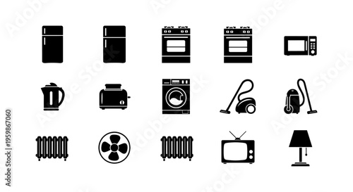 Minimalist home appliances icon set: kitchen and living essentials in black silhouette