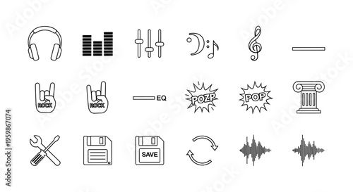 Music and technology icons set: headphones, equalizer, tools, and retro symbols in linear style