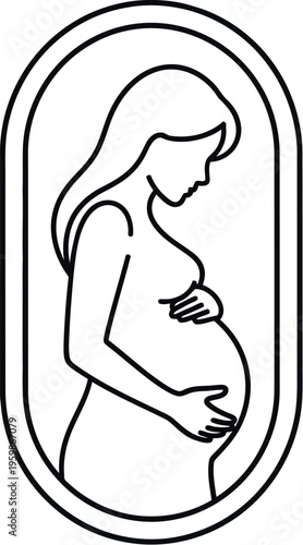 An elegant minimalist line art illustration beautifully captures a pregnant woman gently cradling her growing baby bump, symbolizing the profound journey of motherhood, nurturing, and new life.
