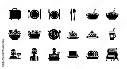 Monochrome buffet icons: dining, dishes, and cafeteria essentials
