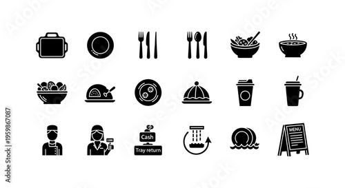 Silhouette collection of restaurant and dining icons with food and meal symbols