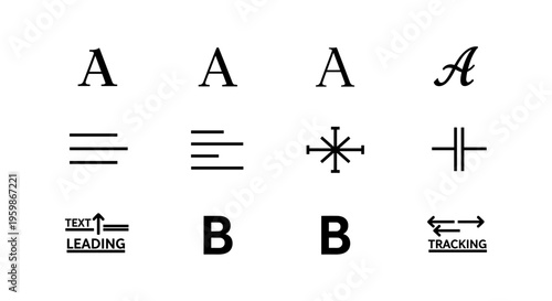 Typography and font style icons: alignment, weight, and leading symbols