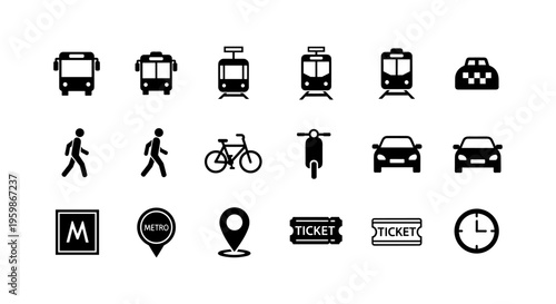 Transportation icons set featuring vehicles and navigation elements in silhouette style