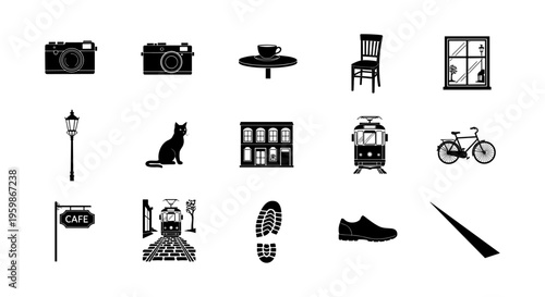 City life silhouettes: vintage cameras, cafes, and urban charm in black and white