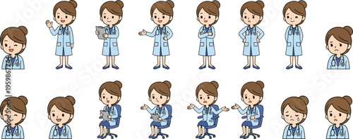 Cartoon vector illustration of female doctor in multiple poses and emotions including standing, sitting, waving, and holding clipboard