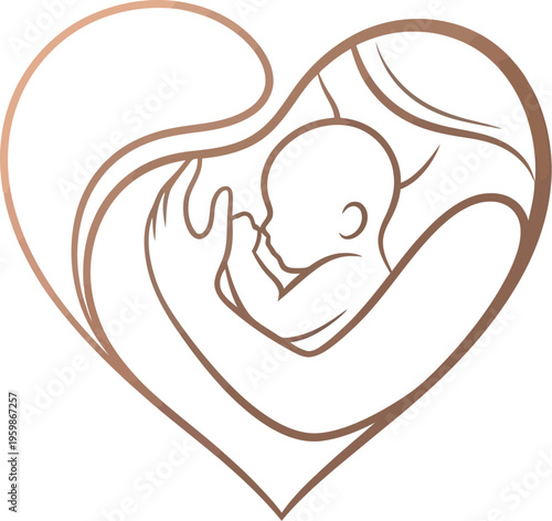 Elegant minimalist line art logo depicting a mother cradling her newborn baby within the comforting shape of a heart symbol