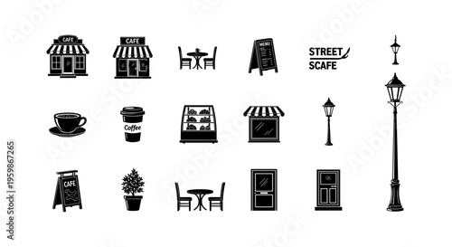 Charming cafe icons: black silhouette elements for coffee shop design