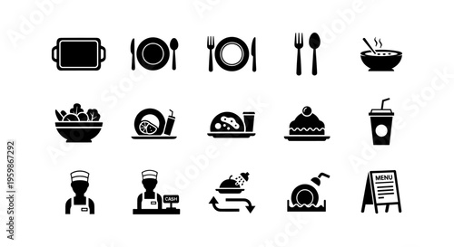 Essential dining and restaurant icons in modern silhouette style