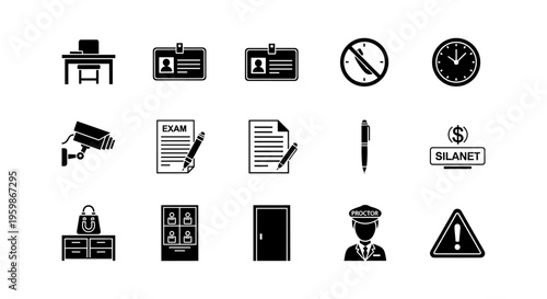 Monochrome security and examination icons collection for academic and office use