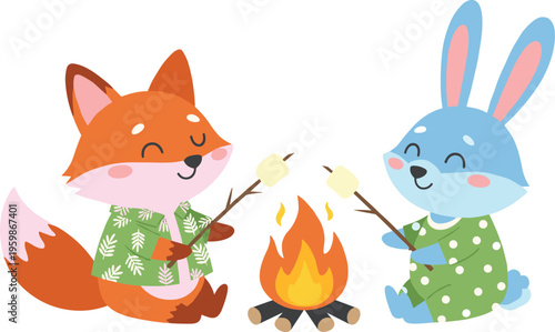 Cartoon vector illustration of fox and rabbit roasting marshmallows at campfire in cozy outdoor camping scene