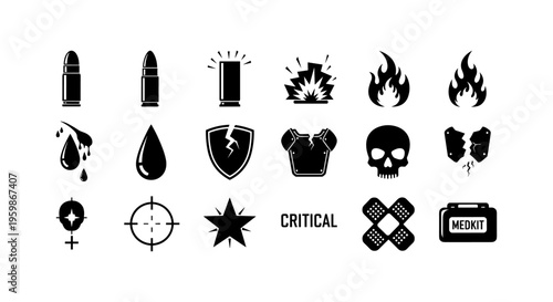 Set of combat and survival icons in black silhouette style