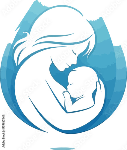A poignant vector illustration depicts a loving mother tenderly cradling her newborn baby, beautifully enclosed within a serene blue water droplet, symbolizing nurturing, life, and purity.