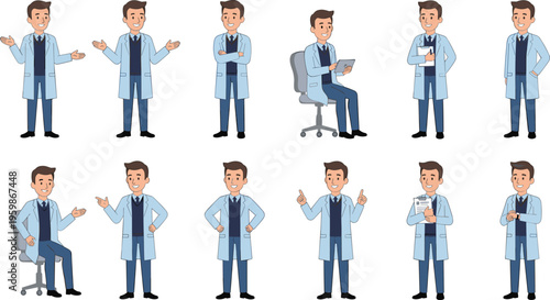 Cartoon vector illustration of male doctor in professional poses including talking, pointing, sitting, holding clipboard, and checking watch