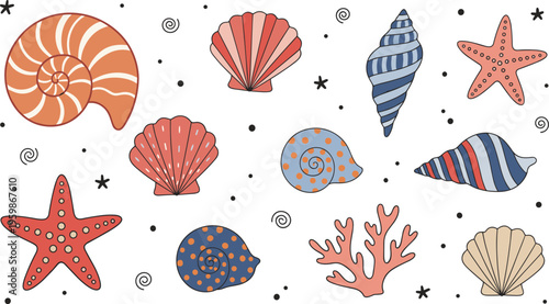 Collection of decorative hand-drawn sea shells starfish and coral in a warm beach-inspired color palette.