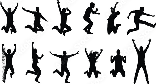 Collection of diverse people silhouettes in jumping celebrating and successful victory poses on a white background.