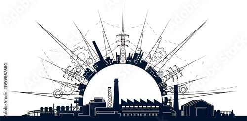 Industrial cityscape silhouette featuring factory structures and mechanical gears rising against a vibrant sunrise or sunset background