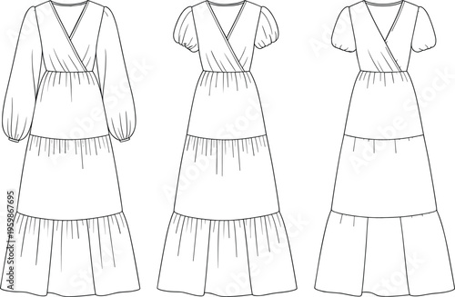 Women tiered maxi dress technical fashion flat with wrap neckline and sleeve variations front view cad drawing flat vector illustration