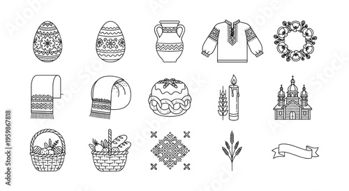 Ukrainian traditional symbols collection: eggs, bread, embroidery, icons