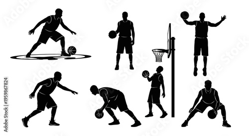 Basketball Player Silhouettes: Dribbling, Shooting, and Playing Action Poses