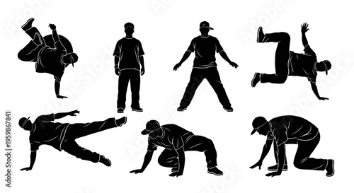 Breakdance Silhouette Set: Dynamic B-Boy Poses, Hip Hop Dance Moves, Urban Street Style