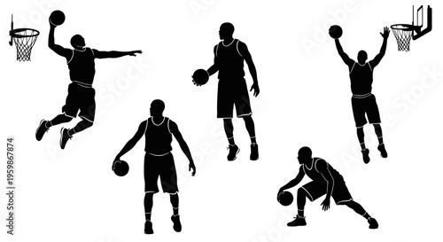 Basketball Player Silhouettes: Dynamic Action Poses of Athletes in Motion