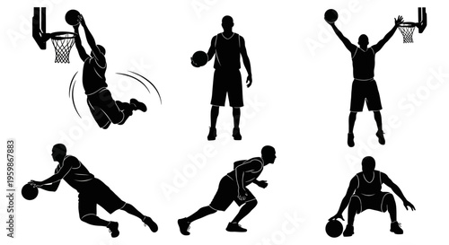 Basketball Player Silhouettes: Action Poses of Dunking, Dribbling, Shooting, and Defense
