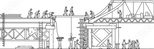 Stylized line art illustration depicting a team of construction workers diligently building a large bridge structure together using various tools and heavy materials