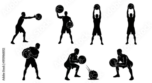 Silhouette of man performing various medicine ball exercises, fitness and workout concept